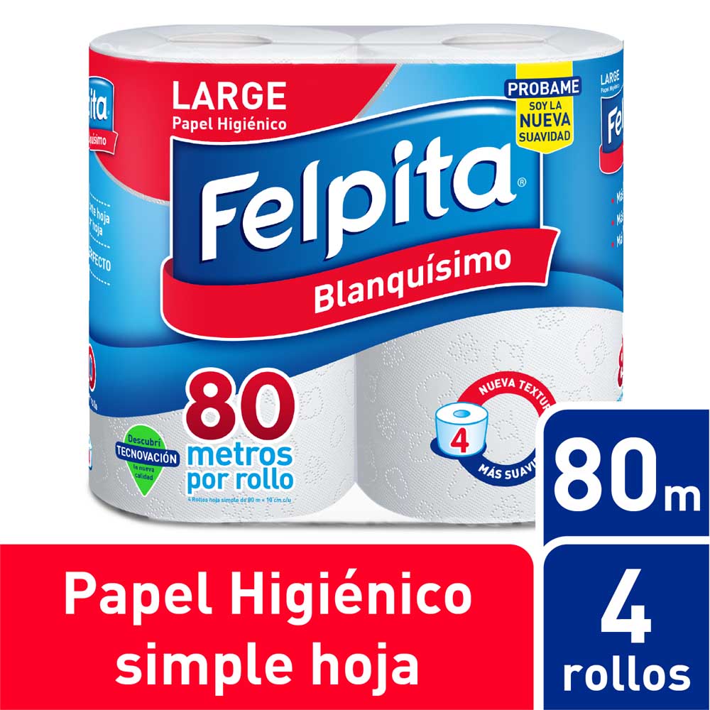 Papel Higiénico Hoja Simple 80 Mts x 4 Un Felpita
