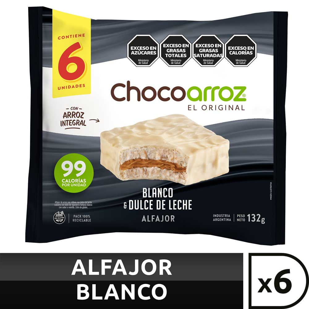 Alfajor de Arroz Sabor Blanco y Dulce de Leche 132 Grs x 6 Un Chocoarroz