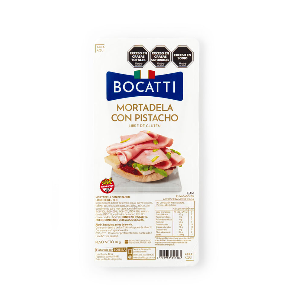 Mortadela Sabor pistacho Feteada 70 Grs Bocatti