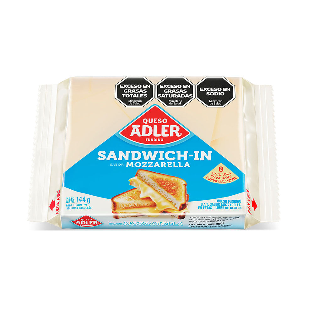 Queso Fundido Sabor Mozzarella en Fetas 144 Grs x 8 Un Adler