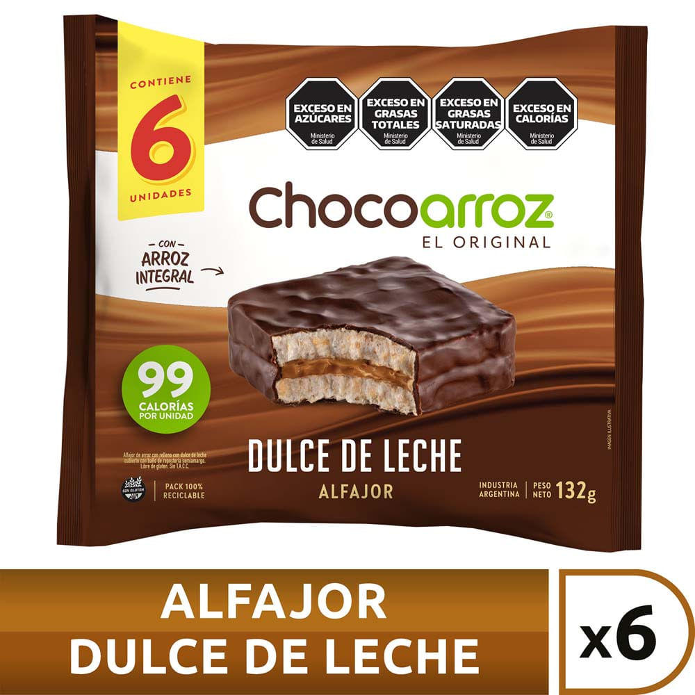 Alfajor de Arroz Sabor Dulce de Leche 132 Grs x 6 Un Chocoarroz